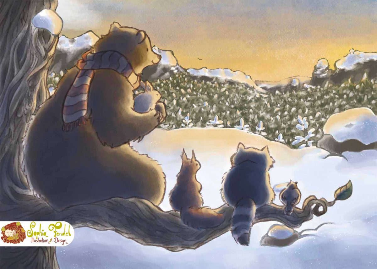 Sophia-Fendel-kinderbuchillustration-sonnenaufgang-schnee-bär-und-freunde