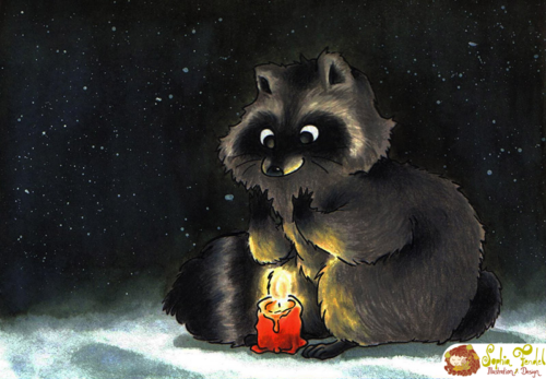 Sophia Fendel_Waschbär im Winter mit kleiner Kerze_Kinderbuchillustration